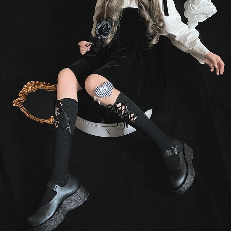 Cross Lace Strap Socks - Black - Kirakira World