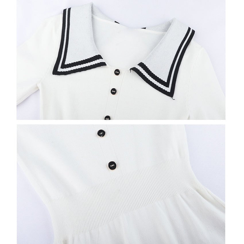 Bow Tie High Waist Knitted A-line Dress - White - Kirakira World