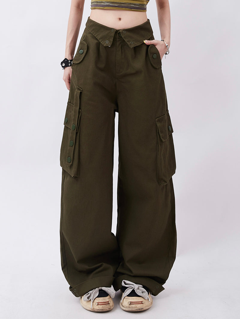 Kirakira World Folded Waist Wide-Leg Pants -Army Green