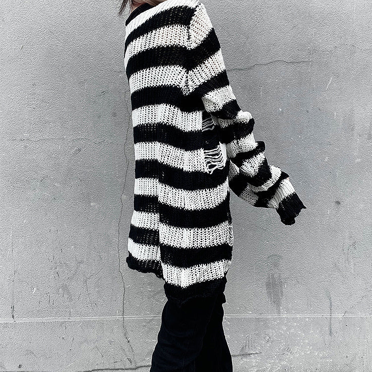 Striped Ripped Long Sweater - White - Kirakira World