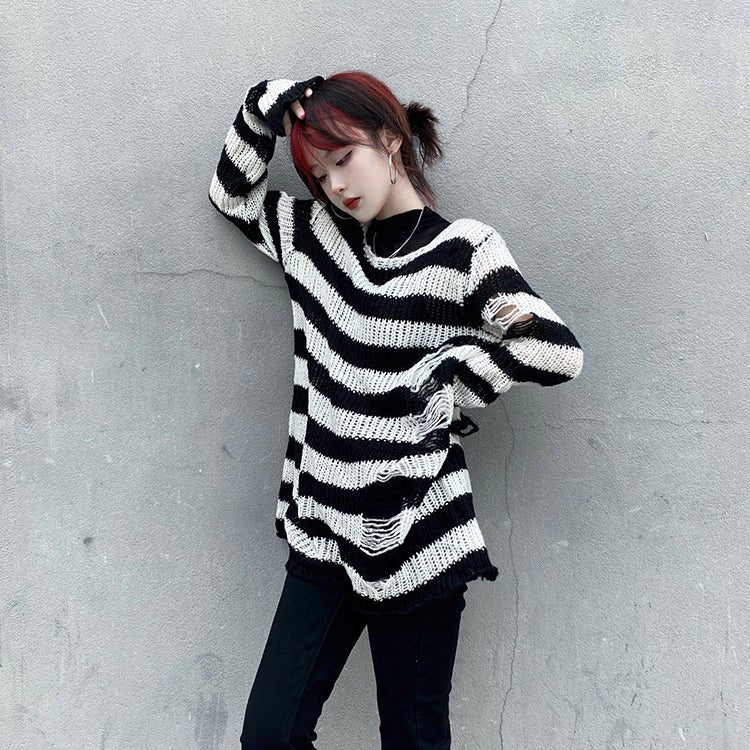 Striped Ripped Long Sweater - White - Kirakira World