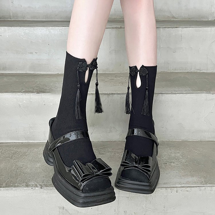 Oriental Tassel Mid-calf Socks - Black - Kirakira World
