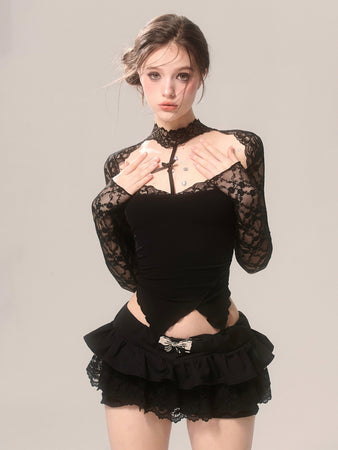 Black Lace Halterneck Long Sleeve Top