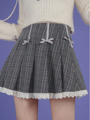 Gray Plaid Ribbon High Waist Pleated Skirt