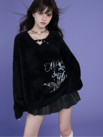 Black V-Neck Jacquard Sweater