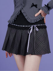 Dark Purple Plaid Bow Pleated Skirt