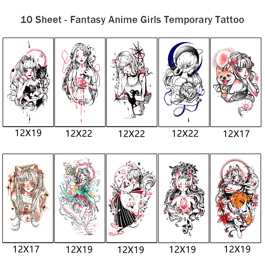 10 Sheet- Fantasy Anime Girls Temporary Tattoo - Kirakira World - grungestyle - kawaii fashion -kawaii store-kawaii aesthetic - kawaiistyle
