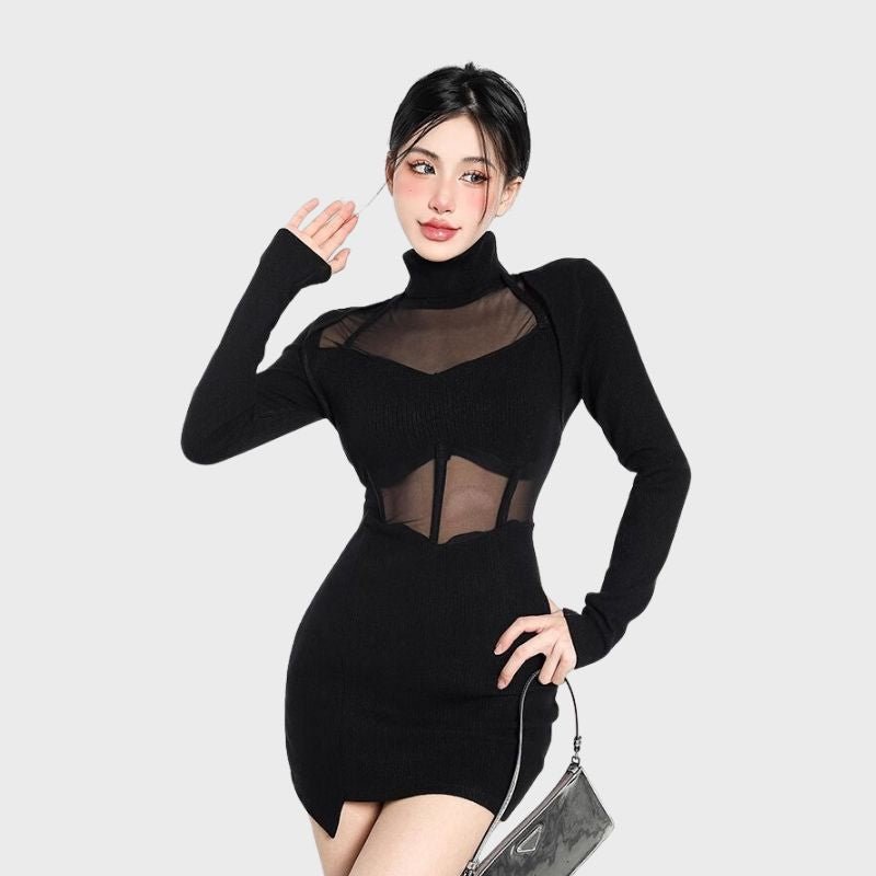 Sexy Slim Mesh Ribbed Fabric Black Dress - Kirakira World