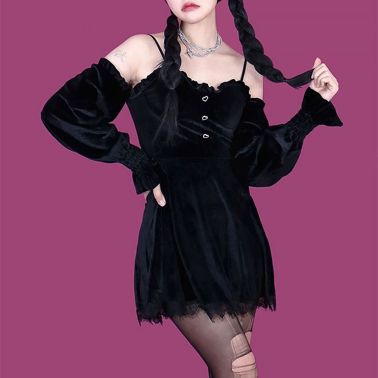 Dark Kawaii Black Velvet Off Shoulder Dress - Kirakira World