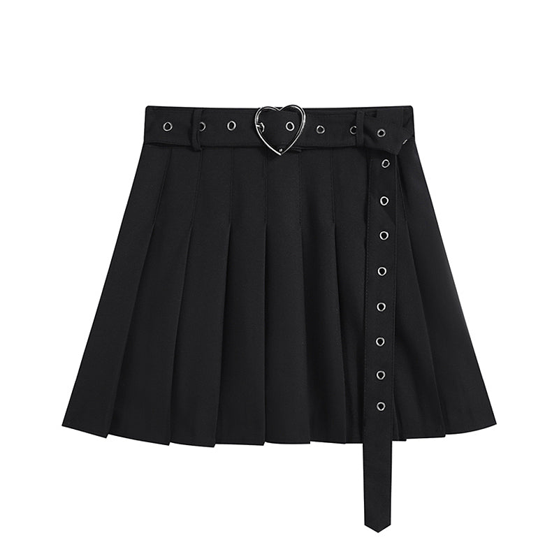 Plus Size Heart-Buckle Elastic Waist Pleated Skirt - Kirakira World - grungestyle - kawaii fashion -kawaii store-kawaii aesthetic - kawaiistyle
