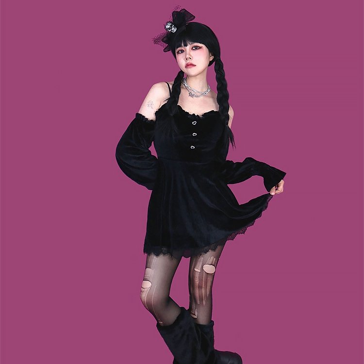 Dark Kawaii Black Velvet Off Shoulder Dress - Kirakira World