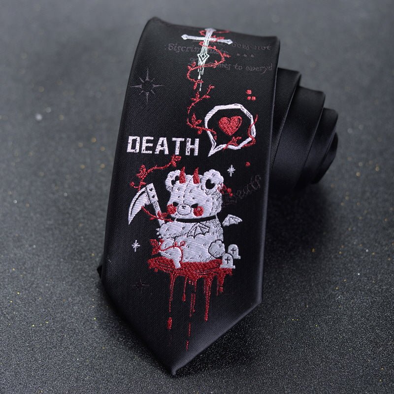 Anime Death Bear Embroidered Neckties - Kirakira World - grungestyle - kawaii fashion -kawaii store-kawaii aesthetic - kawaiistyle