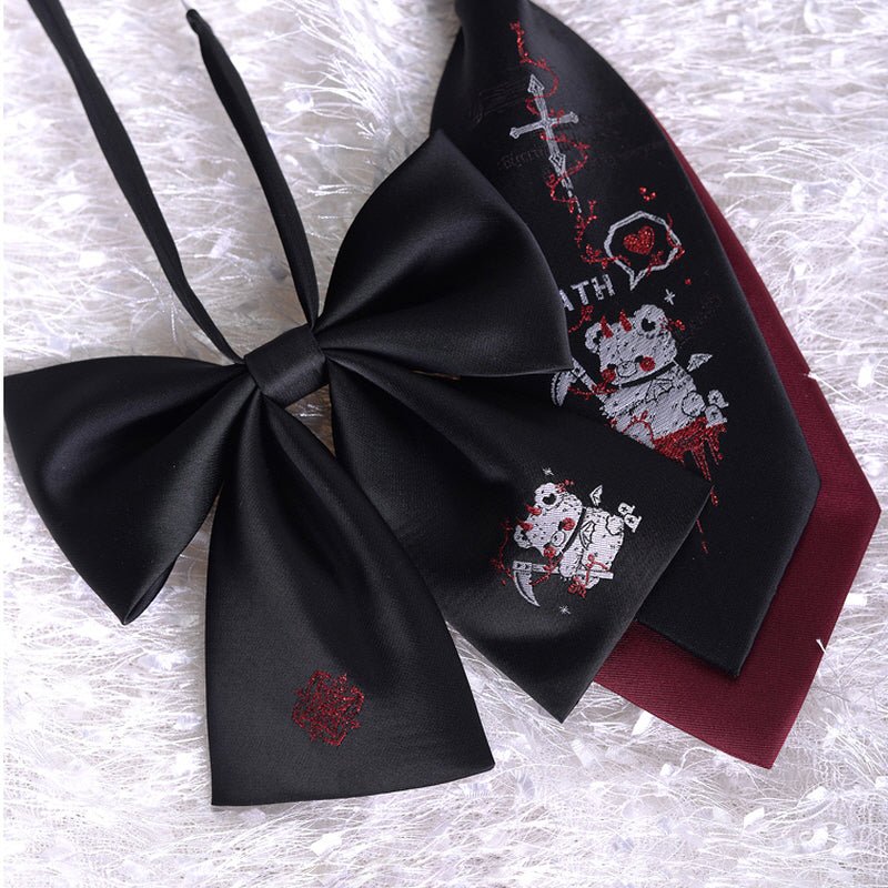 Anime Death Bear Embroidered Neckties - Kirakira World - grungestyle - kawaii fashion -kawaii store-kawaii aesthetic - kawaiistyle