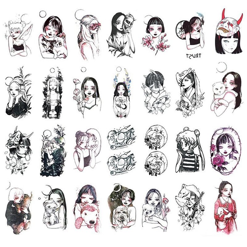 30pcs/ Dark Moon Anime Girls Temporary Tattoos - Kirakira World - grungestyle - kawaii fashion -kawaii store-kawaii aesthetic - kawaiistyle