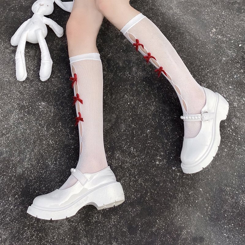 Bow Sheer Net Mid-calf Socks - Kirakira World