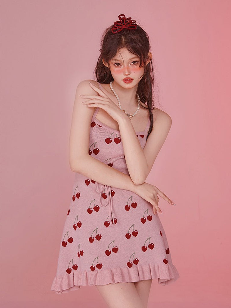 Cherry Knit Strap Dress - Kirakira World