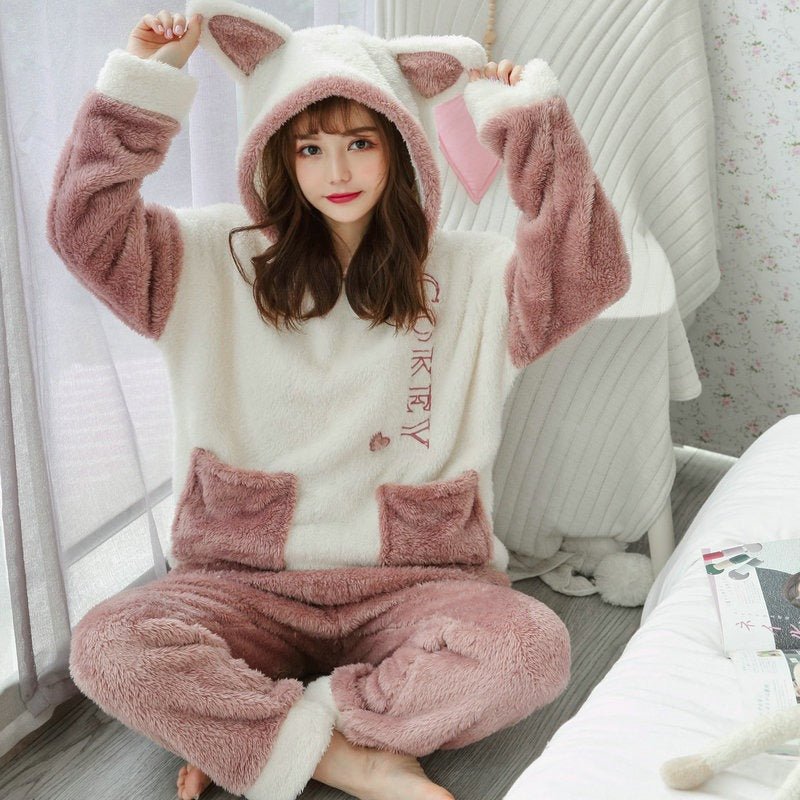 Cute Cat Ear Bunny Hooded Fuzzy Pajamas Set – Kirakira World