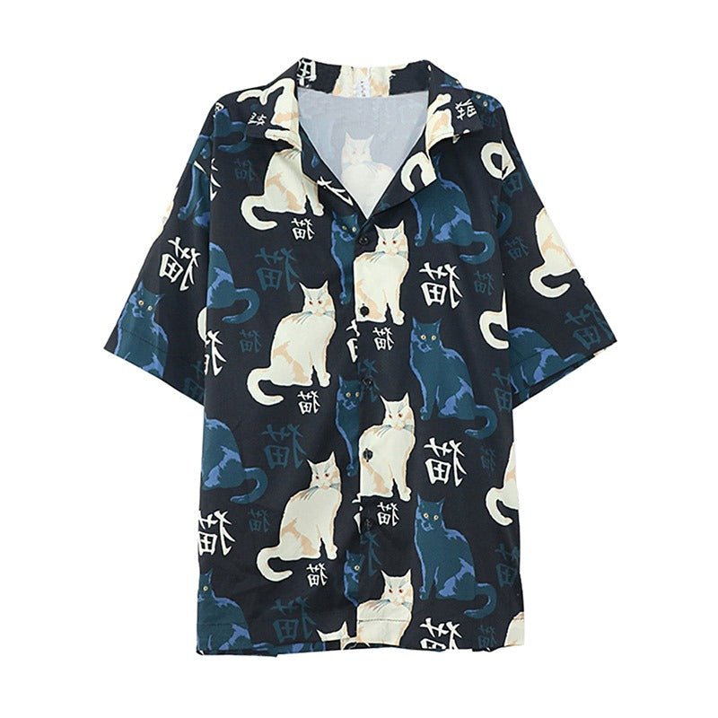 Vintage Cat Print Button Down T Shirts - Kirakira World - grungestyle - kawaii fashion -kawaii store-kawaii aesthetic - kawaiistyle