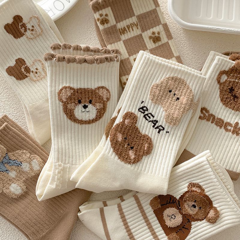 5 Pairs - Brown Teddy Bears Quarter Socks - Kirakira World