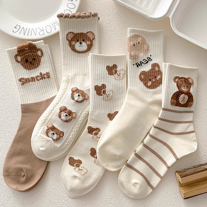 5 Pairs - Brown Teddy Bears Quarter Socks - Kirakira World