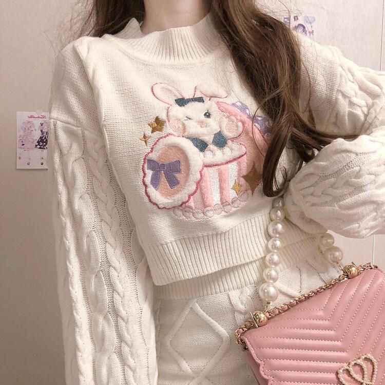 Sweet Rabbit Embroidery Crop Sweater/ Skirt - Kirakira World - grungestyle - kawaii fashion -kawaii store-kawaii aesthetic - kawaiistyle