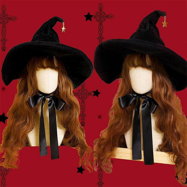 Halloween Witch Pointed Velvet Hat - Kirakira World - grungestyle - kawaii fashion -kawaii store-kawaii aesthetic - kawaiistyle