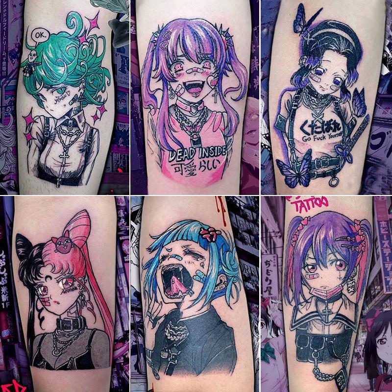 9pcs/ Goth Anime Girl Colorful Temporary Tattoo - Kirakira World - grungestyle - kawaii fashion -kawaii store-kawaii aesthetic - kawaiistyle