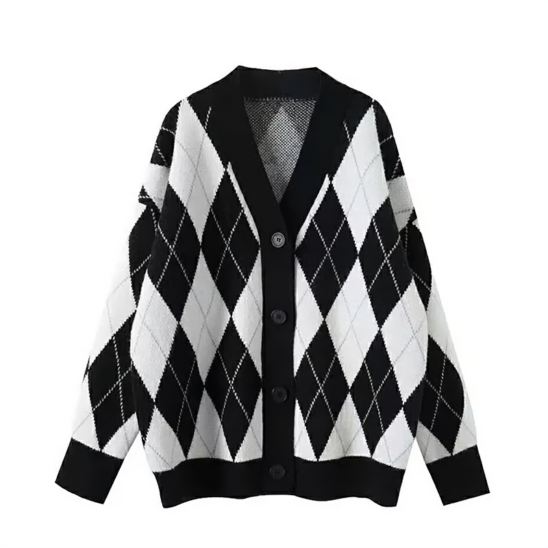 New Version - Argyle Pattern V-neck Cardigan Sweater - Kirakira World - grungestyle - kawaii fashion -kawaii store-kawaii aesthetic - kawaiistyle
