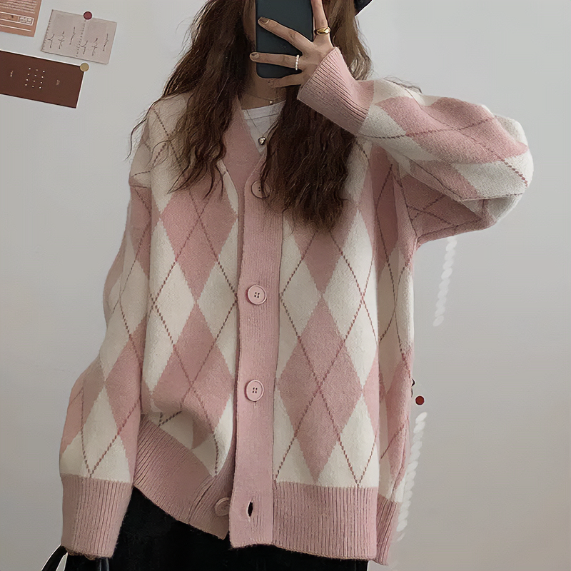 New Version - Argyle Pattern V-neck Cardigan Sweater - Kirakira World - grungestyle - kawaii fashion -kawaii store-kawaii aesthetic - kawaiistyle