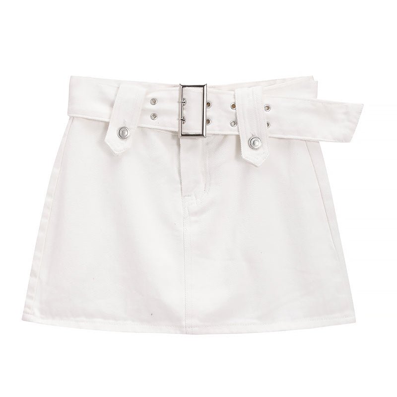 Belt Denim Mini Skirt - White - Kirakira World