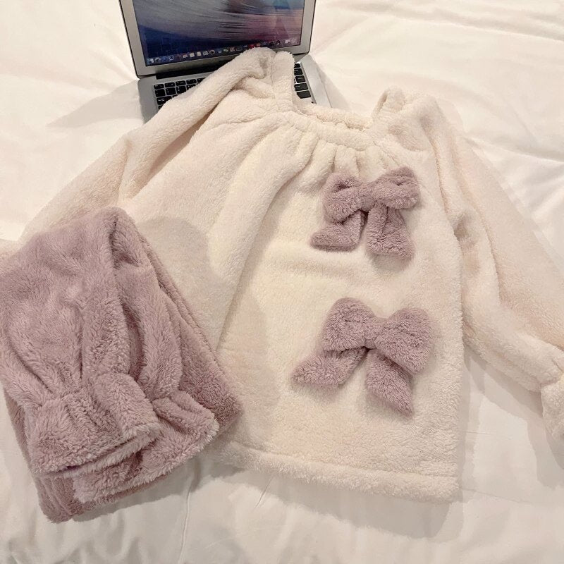 Lovely Bow Knot Fuzzy Home Pajamas Set - Kirakira World - grungestyle - kawaii fashion -kawaii store-kawaii aesthetic - kawaiistyle