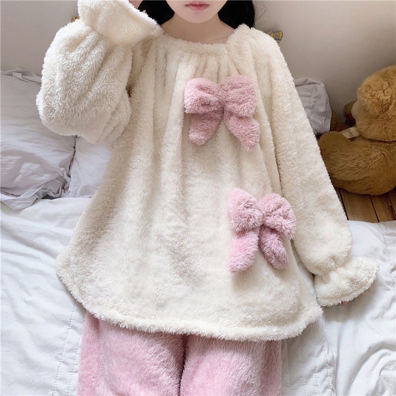 Lovely Bow Knot Fuzzy Home Pajamas Set - Kirakira World - grungestyle - kawaii fashion -kawaii store-kawaii aesthetic - kawaiistyle