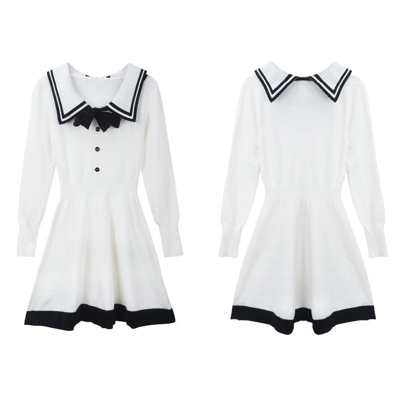 Bow Tie High Waist Knitted A-line Dress - White - Kirakira World