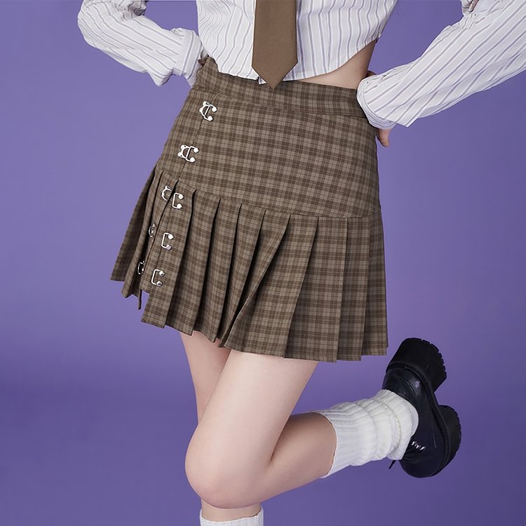 Brown Plaid Hook Pleated Skirt - Kirakira World