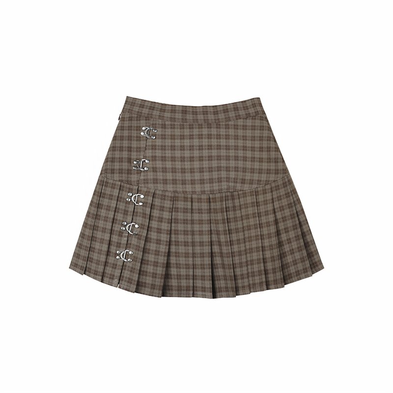 Brown Plaid Hook Pleated Skirt - Kirakira World