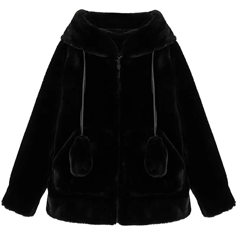 Bunny Ears Soft Premium Faux Fur Hooded Coat - Kirakira World - grungestyle - kawaii fashion -kawaii store-kawaii aesthetic - kawaiistyle