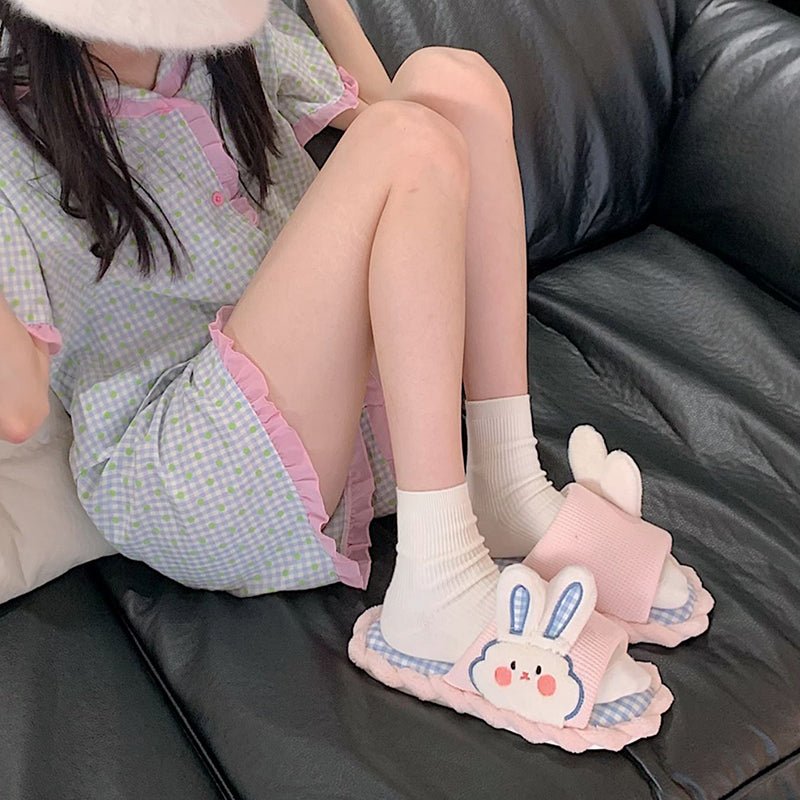 Kawaii Cartoon Bunny Lattice Indoor Slippers - Kirakira World - grungestyle - kawaii fashion -kawaii store-kawaii aesthetic - kawaiistyle