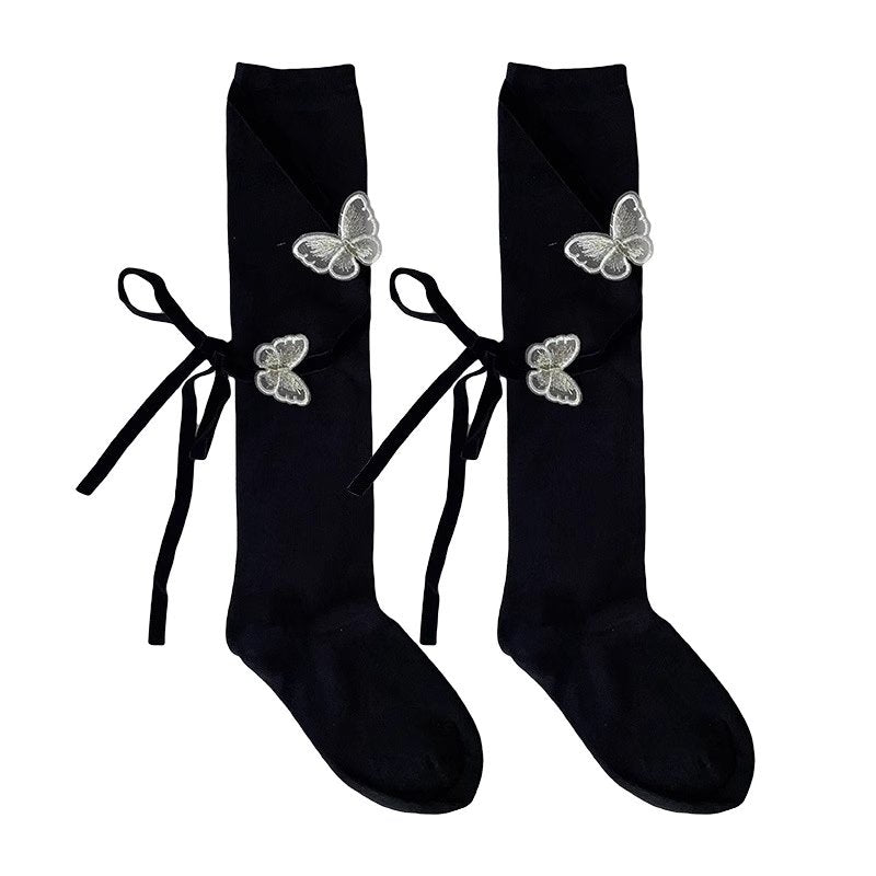 Butterfly Patch Lace-Up Knee-High Socks - Kirakira World