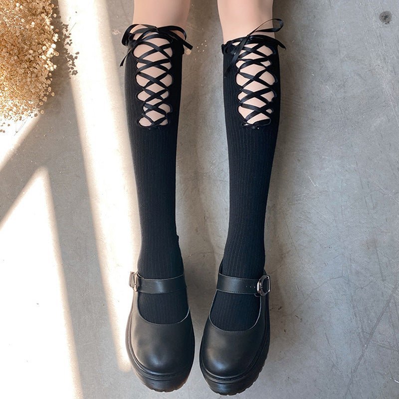 Cross Lace Strap Socks - Black - Kirakira World