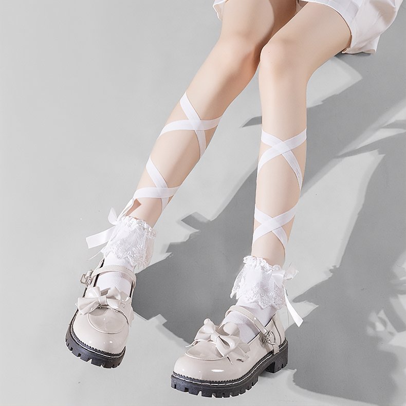 Calf Cross Strap Lace Socks - White - Kirakira World