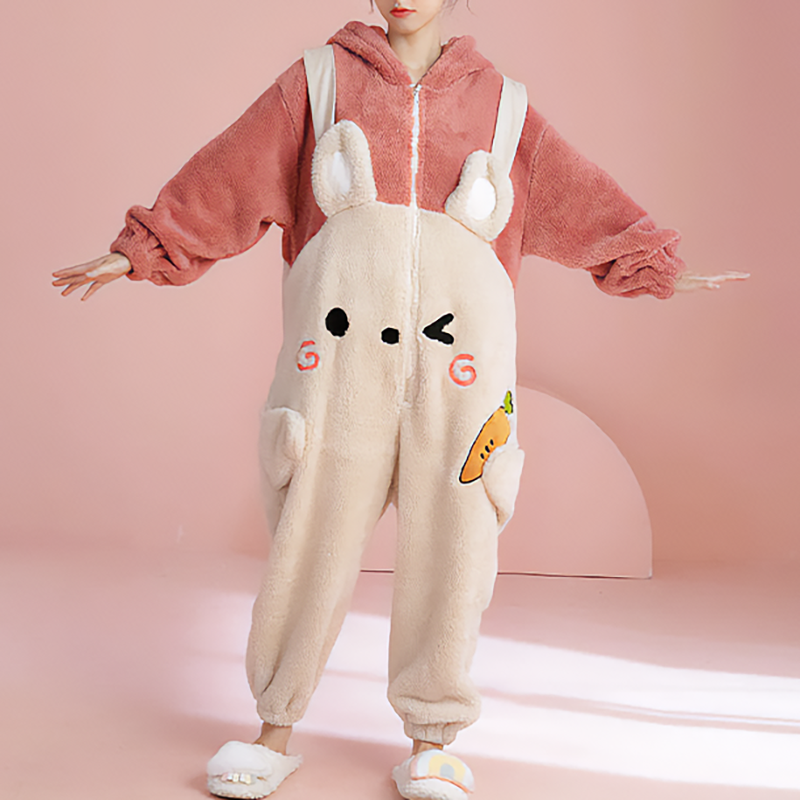Cartoon Bunny Hooded Fuzzy Lounge PJ Jumpsuit - Kirakira World - grungestyle - kawaii fashion -kawaii store-kawaii aesthetic - kawaiistyle