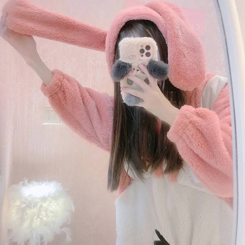 Cartoon Bunny Hooded Fuzzy Lounge PJ Jumpsuit - Kirakira World - grungestyle - kawaii fashion -kawaii store-kawaii aesthetic - kawaiistyle