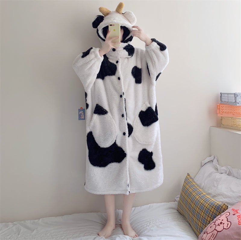 Cartoon Milk Cow Fleece Hooded Pajama Set - Kirakira World - grungestyle - kawaii fashion -kawaii store-kawaii aesthetic - kawaiistyle