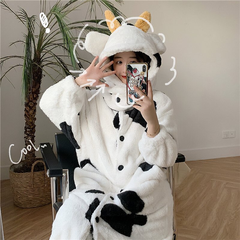 Cartoon Milk Cow Fleece Hooded Pajama Set - Kirakira World - grungestyle - kawaii fashion -kawaii store-kawaii aesthetic - kawaiistyle