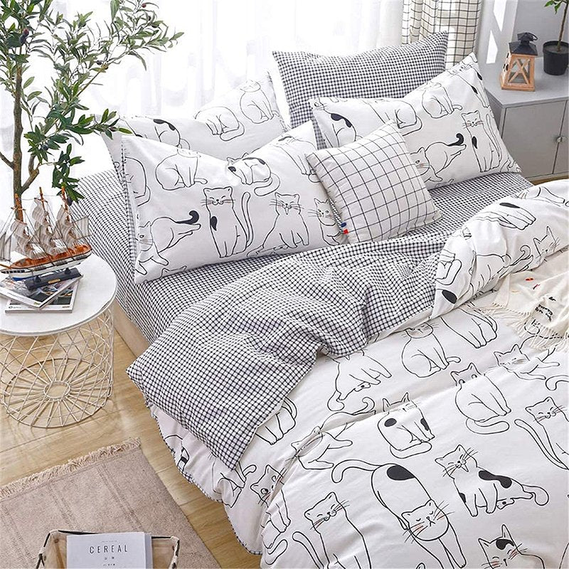 100% cotton Cat Cartoon Bedding Sheet Duvet Cover Set - Kirakira World - grungestyle - kawaii fashion -kawaii store-kawaii aesthetic - kawaiistyle