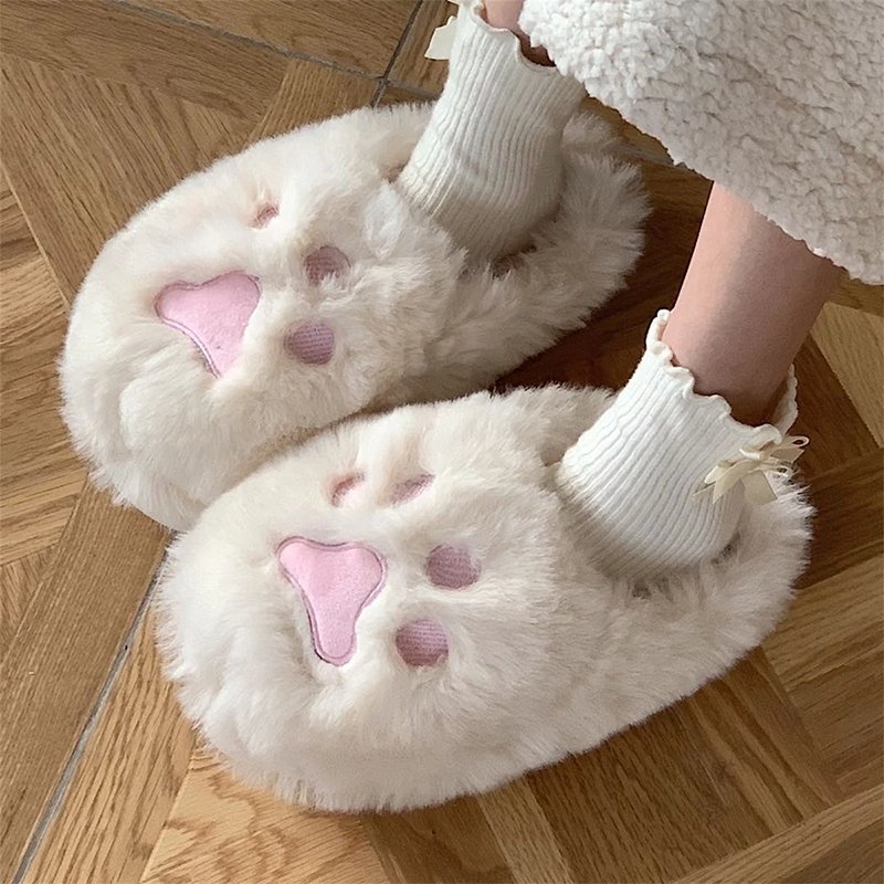 Lovely Cat Paw Fuzzy Faux Fur House Slipper - Kirakira World - grungestyle - kawaii fashion -kawaii store-kawaii aesthetic - kawaiistyle