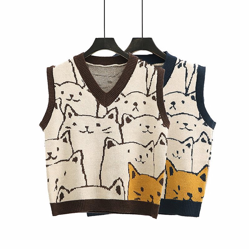 Cute Kitty Cat Printed Knit Vest - Kirakira World - grungestyle - kawaii fashion -kawaii store-kawaii aesthetic - kawaiistyle