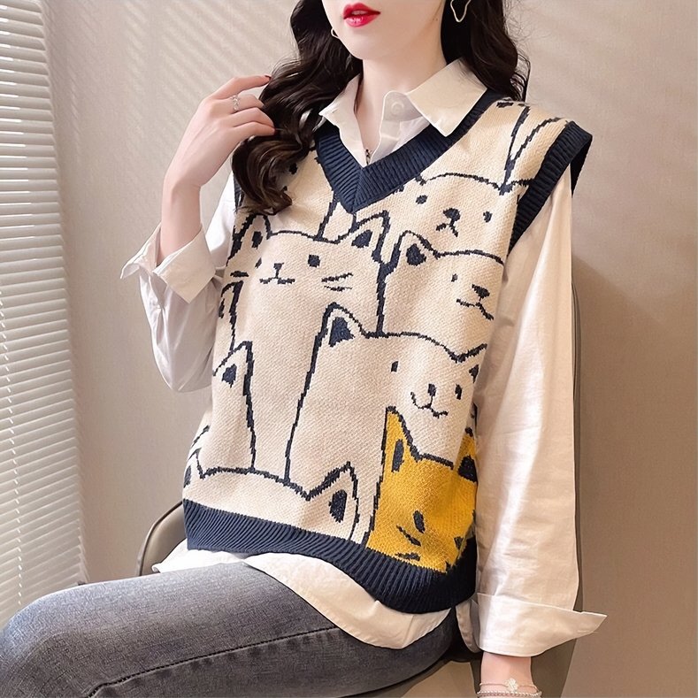Cute Kitty Cat Printed Knit Vest - Kirakira World - grungestyle - kawaii fashion -kawaii store-kawaii aesthetic - kawaiistyle