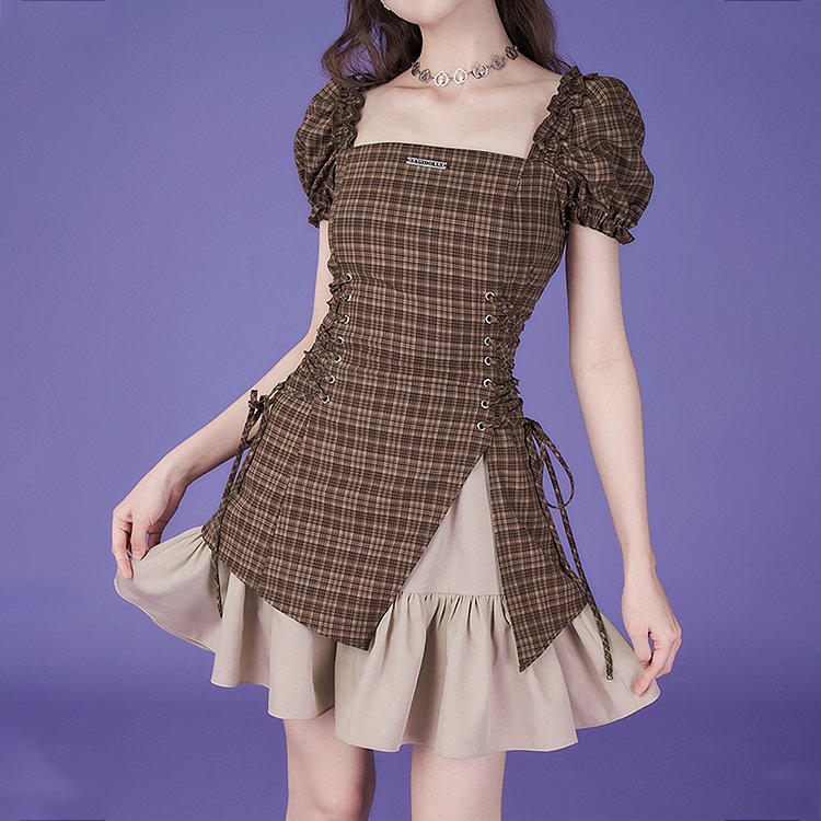 Checkered Drawstring Mini Dress - Kirakira World