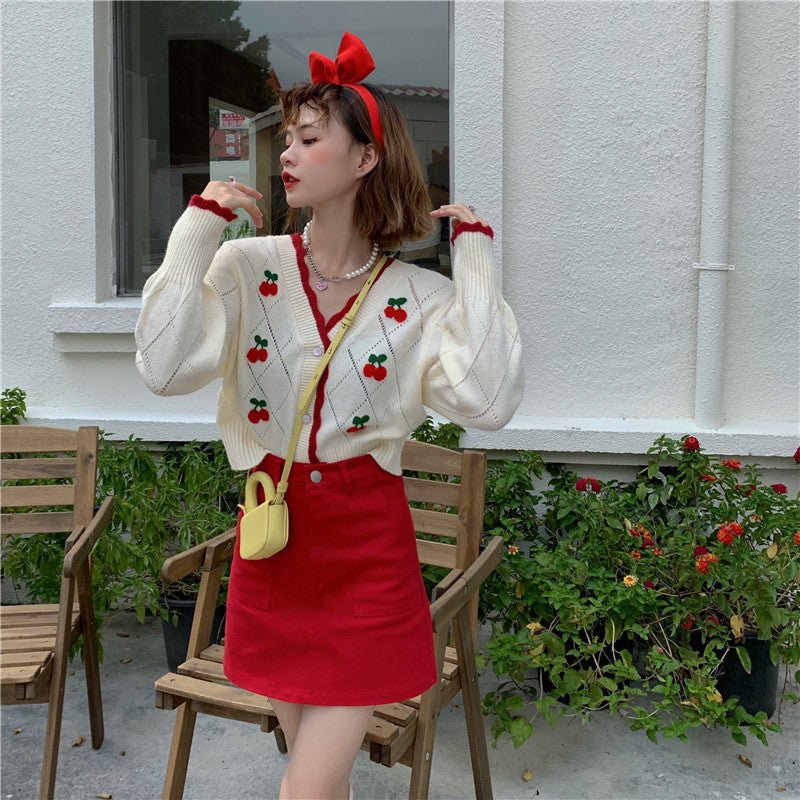 Cherry Embroidery Cardigan Sweater - Kirakira World - grungestyle - kawaii fashion -kawaii store-kawaii aesthetic - kawaiistyle